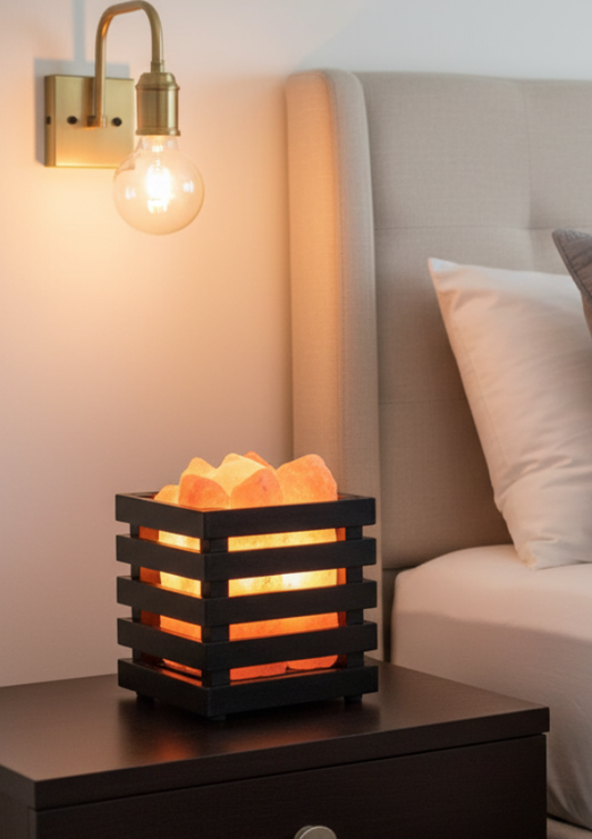 Square Wooden Basket Himalayan Salt Lamp with Natural Chunks – Premium Warm Glow Decor