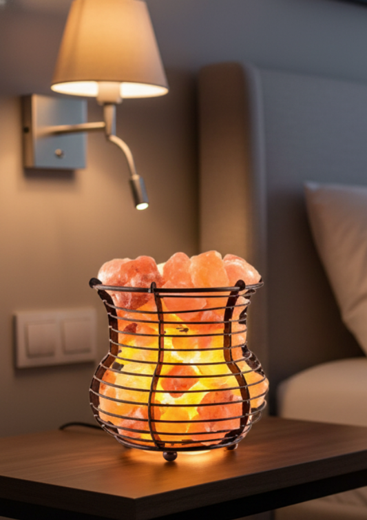 Iron Road Basket Himalayan Salt Lamp with Natural Chunks – Warm Ambient Glow Decor