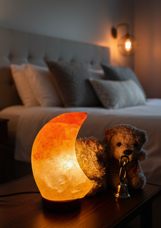 Moon Shaped Himalayan Salt Lamp – Hand-Carved Crescent Crystal Warm Glow Decor