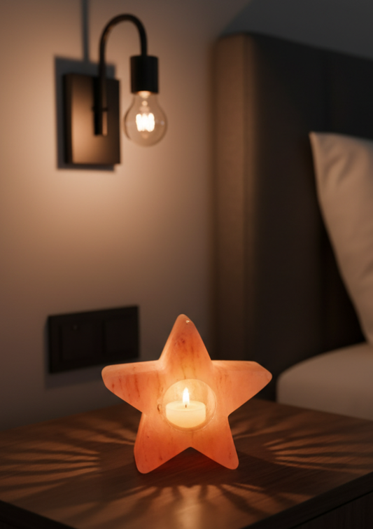 Star Shaped Himalayan Salt Candle Holder – Hand-Carved Crystal Tealight Decor